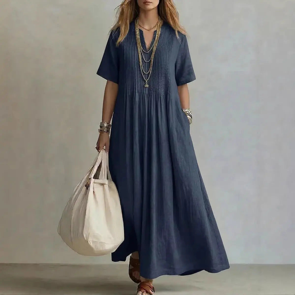 Women's V-Neck Pleated Cotton Linen Dress OWTRLD