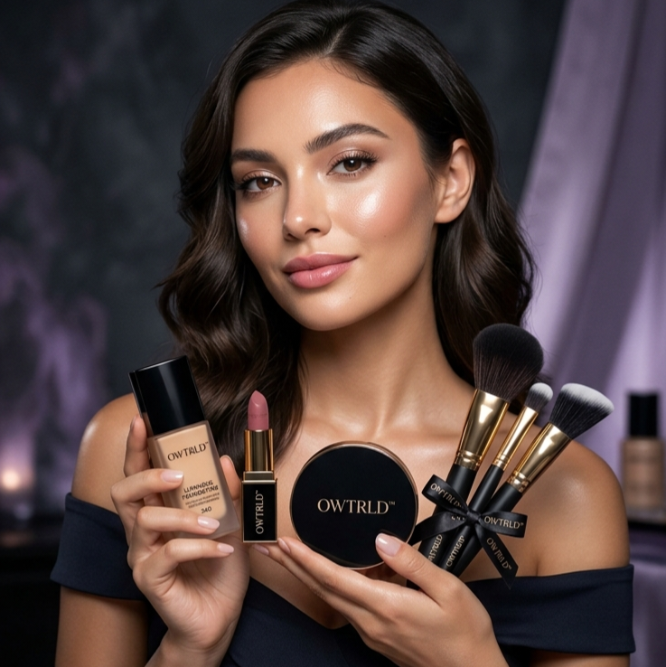 An artistic and vibrant display of OWTRLD premium makeup products, including foundations, eyeshadow palettes, and lipsticks, arranged on a sleek, modern surface