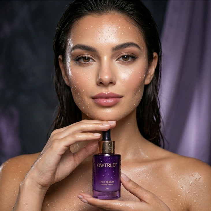 A sophisticated display of OWTRLD premium face serums in elegant glass dropper bottles, arranged on a minimalist, reflective surface with soft, glowing light