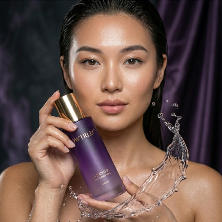 A refreshing, minimalist display of OWTRLD premium facial cleansers, showcasing clear, gentle textures and sleek packaging in a clean, spa-like environment
