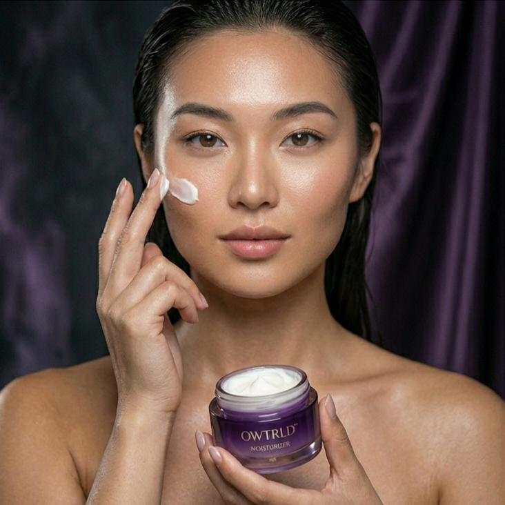 A serene and clean display of OWTRLD premium moisturizers, featuring elegant jars and tubes in a bright, spa-like environment
