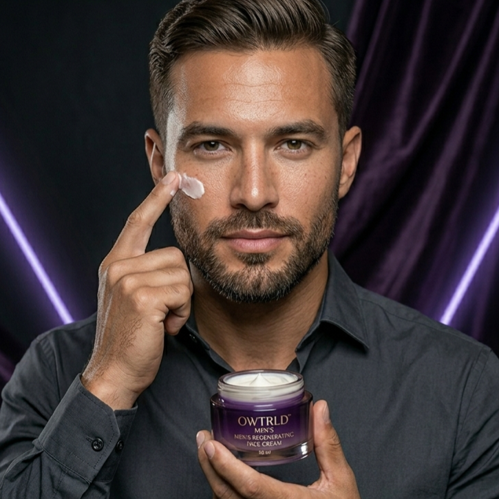 A sophisticated display of premium OWTRLD men’s grooming and cosmetic products, including skincare, beard care, and essential tools, arranged in a modern, masculine aesthetic