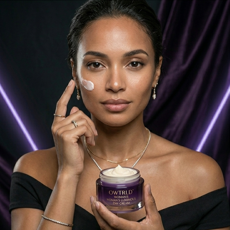A beautifully curated display of OWTRLD premium women’s cosmetic products, including skincare, vibrant lipsticks, and essential makeup tools, arranged in an elegant, minimalist setting