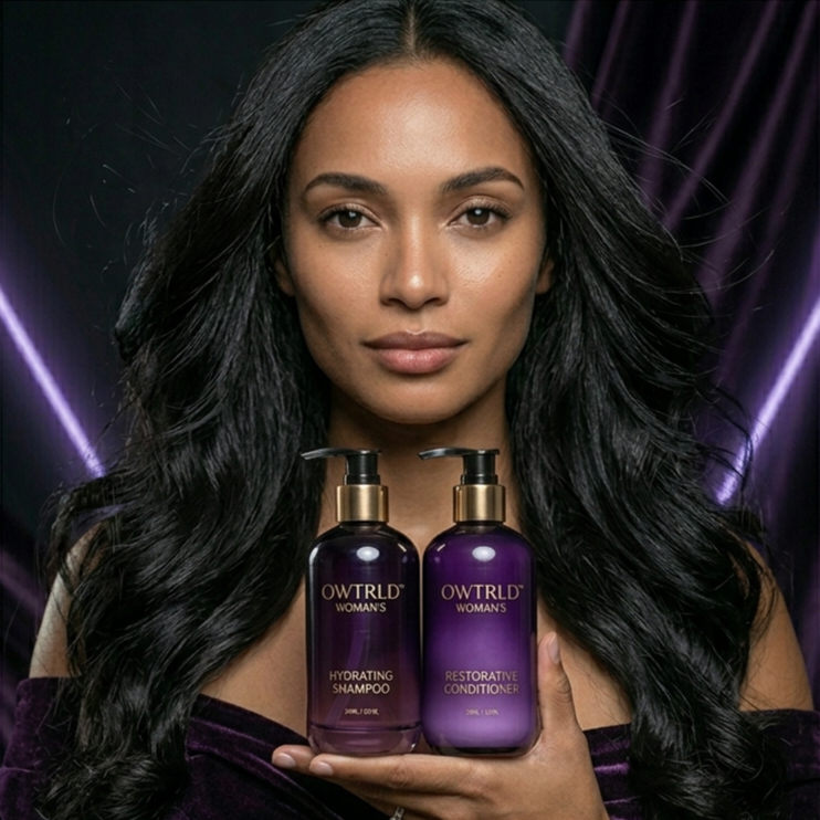 A refreshing display of premium OWTRLD hair care products, including sleek bottles of shampoo, conditioner, and hair treatments, set in a clean, spa-inspired environment