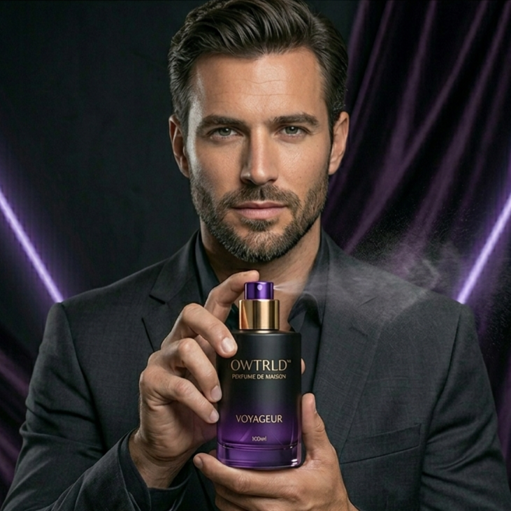 A luxurious display of OWTRLD premium perfumes, colognes, and deodorant sticks, showcased with elegant glass bottle designs and soft, atmospheric lighting