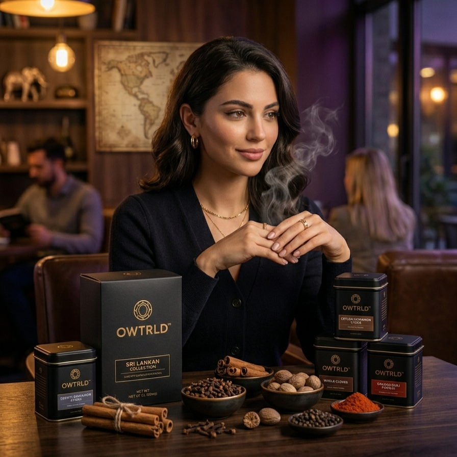 A vibrant, high-quality display of OWTRLD premium Ceylon spices, including whole cloves, nutmeg, and finely ground powders, beautifully arranged in artisanal containers