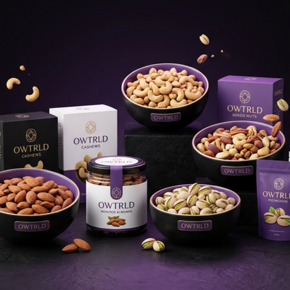 A delicious, high-quality display of OWTRLD premium Ceylon cashews and almonds, presented in elegant packaging and scattered on a rustic surface for an appetizing look