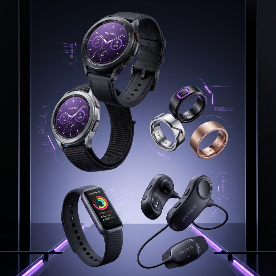 A sophisticated, modern display of OWTRLD wearable technology, including a sleek smart ring and an elegant smartwatch on a clean, minimalist display surface