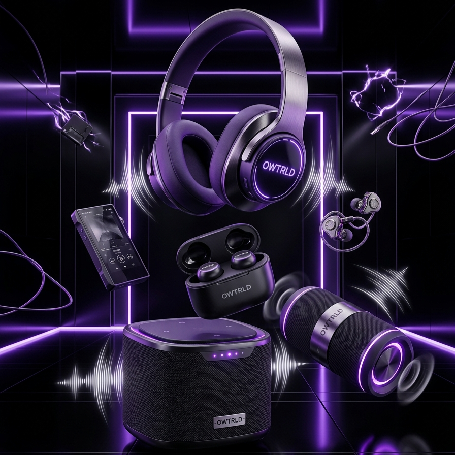A sophisticated, modern display of premium OWTRLD headphones and a sleek wireless smart speaker, arranged in a minimalist, dimly lit space with subtle accent lighting
