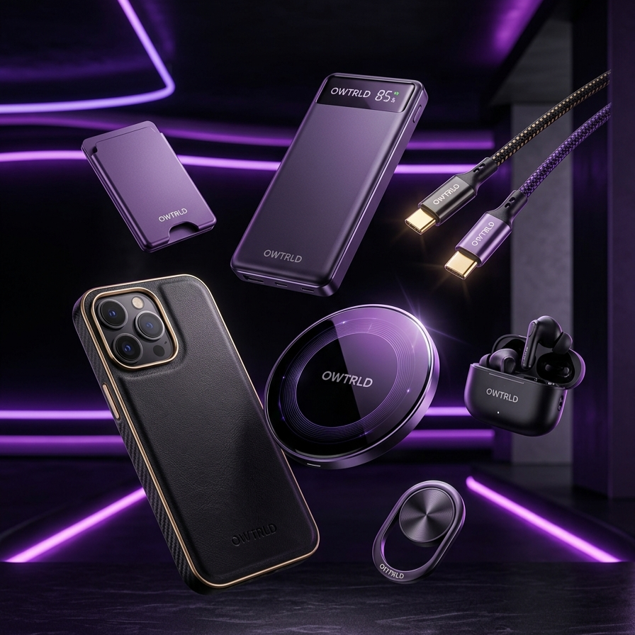 A curated, professional display of premium mobile accessories, including a sleek smartphone case, a fast-charging adapter, and magnetic desk mounts, arranged on a modern, clean workspace