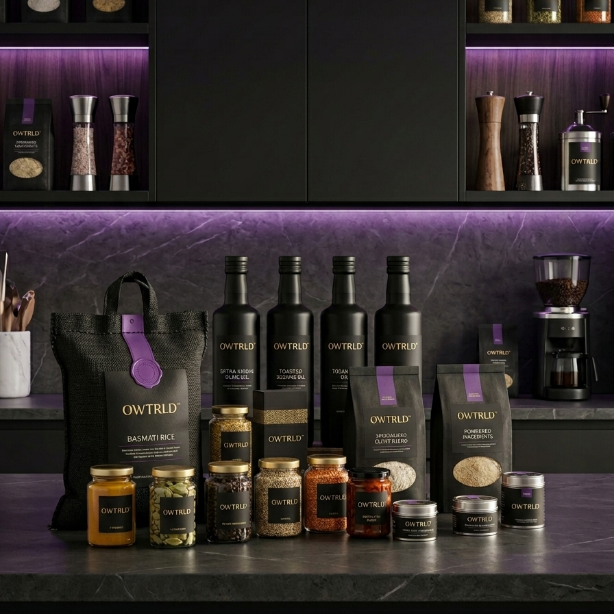 A beautifully rustic display of OWTRLD pantry essentials, featuring premium Ceylon spices, nuts, and powders arranged in elegant glass jars on a natural wooden background