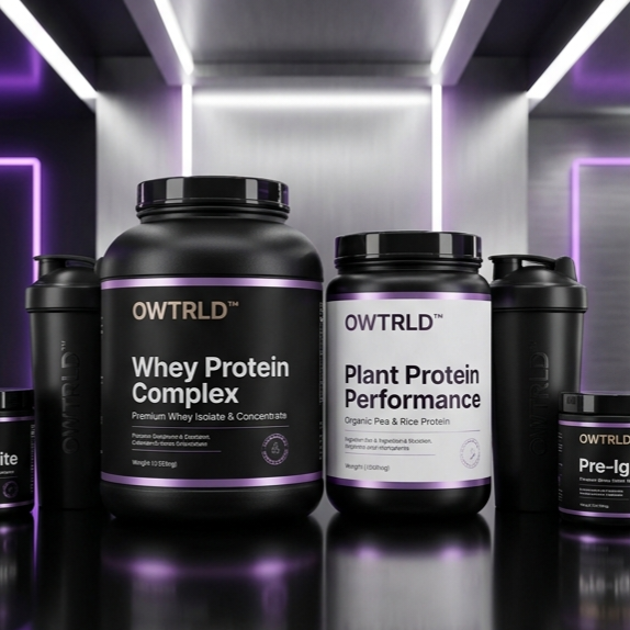 A sleek, powerful display of OWTRLD premium protein containers in a modern gym or fitness-inspired environment