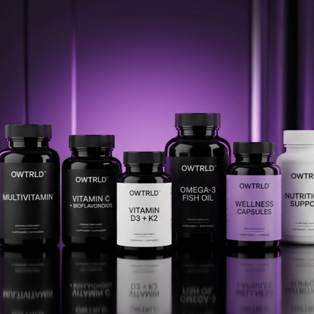A clean, professional display of OWTRLD premium vitamin and supplement bottles, arranged in a minimalist, bright, and sterile environment