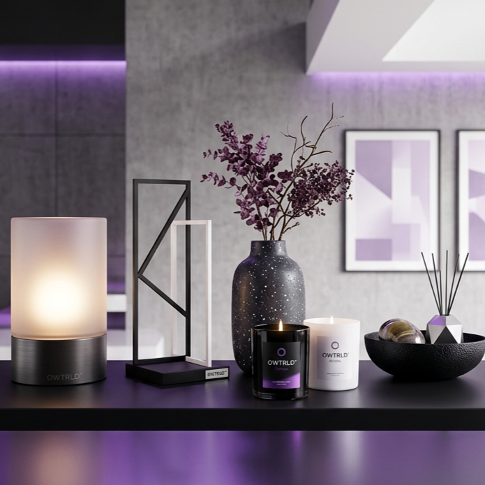A stylish, contemporary interior featuring curated OWTRLD decor pieces, including a minimalist sculpture and aesthetic lighting, arranged on a modern sideboard