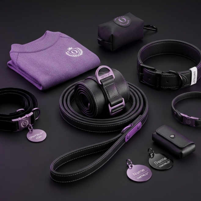 A stylish display of OWTRLD pet accessories, including a premium leather leash, a colorful harness, and a cozy pet bed arranged in a modern, pet-friendly living space