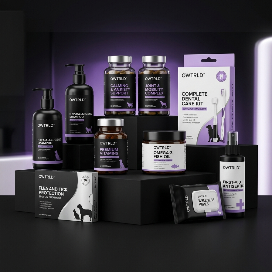 A clean and professional display of OWTRLD pet health products, including grooming brushes, natural shampoos, and supplement bottles, arranged in a bright, spa-like setting