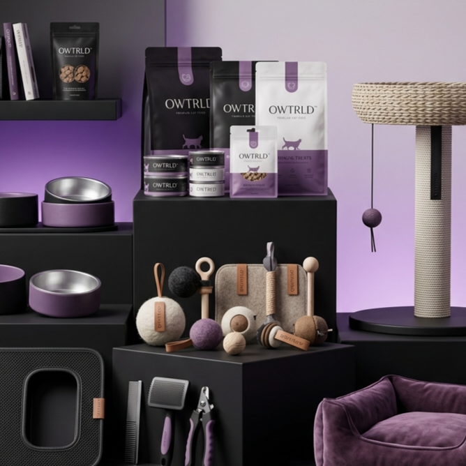 A charming display of OWTRLD premium cat toys, grooming brushes, and comfortable accessories, set in a clean, sunlit room with a cozy cat-friendly atmosphere