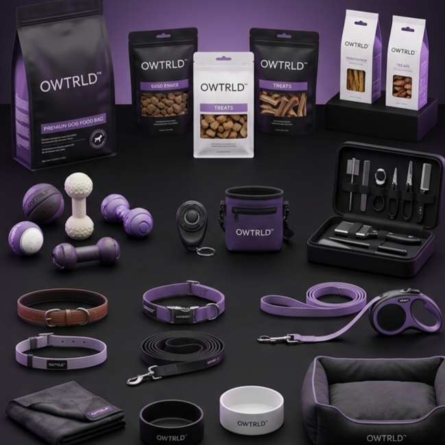 A vibrant, high-quality display of OWTRLD premium dog gear, including a durable leash, a fun chew toy, and a grooming tool, set in an inviting, outdoor-inspired environment
