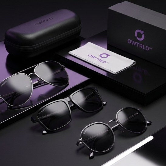 A chic, artistic arrangement of OWTRLD premium sunglasses on a polished surface, with soft, natural sunlight creating elegant shadows and reflections