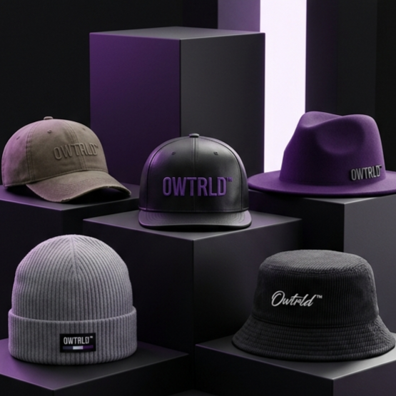 A curated display of OWTRLD premium caps and hats, featuring varied styles arranged in a clean, urban-inspired setting