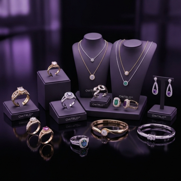 A luxurious display of OWTRLD timepieces, bracelets, and jewelry, elegantly arranged on a dark, velvet-lined surface with soft, refined lighting