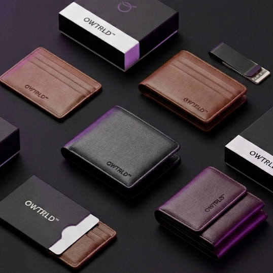 A sophisticated, minimalist display of OWTRLD premium leather wallets and cardholders arranged neatly on a sleek, dark stone surface