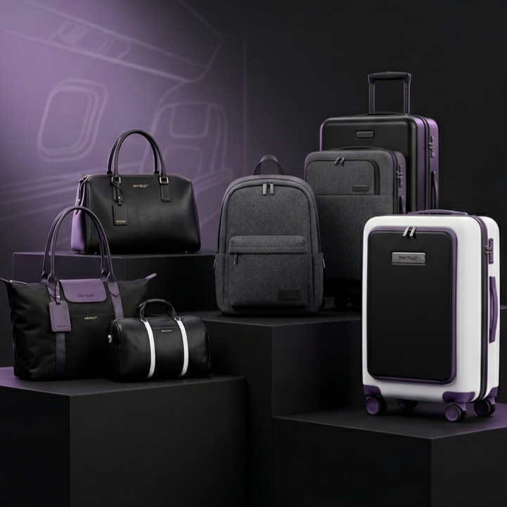 A stylish, lifestyle-focused display of OWTRLD premium luggage, a modern backpack, and an elegant handbag, arranged in a clean, contemporary airport lounge or travel setting