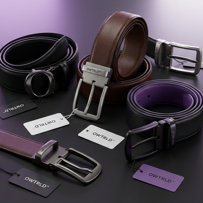 A professional, minimalist display of premium OWTRLD leather belts, neatly coiled and arranged on a textured, neutral-toned surface