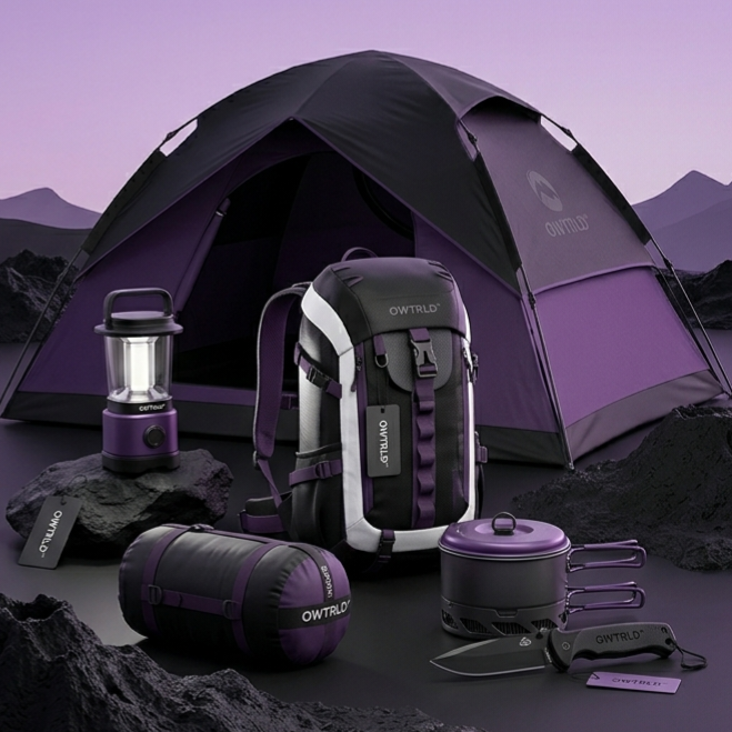 An organized, flat-lay display of OWTRLD travel essentials, including packing cubes, a sleek neck pillow, and a digital travel organizer on a clean, modern surface