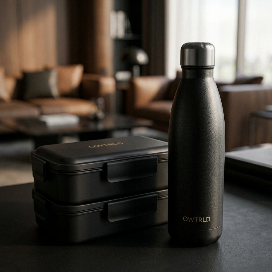 A beautifully organized display of OWTRLD premium food boxes and sleek, modern water bottles, set against a bright, contemporary kitchen background