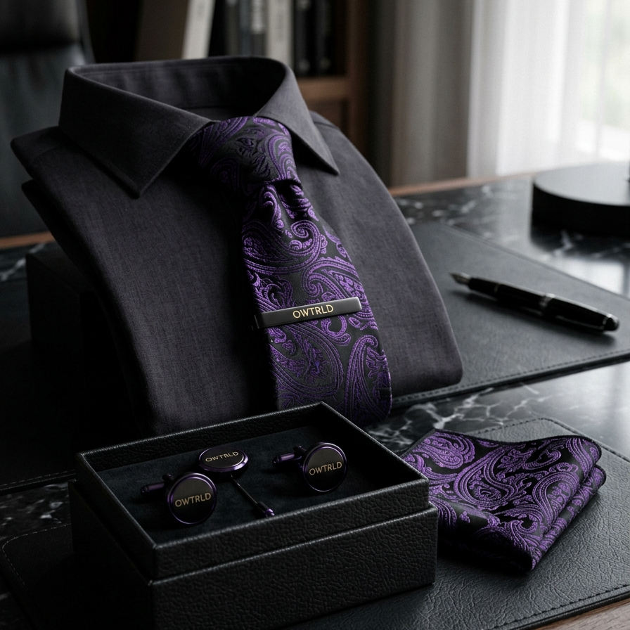 A sophisticated display of OWTRLD professional office accessories, featuring a high-quality silk tie, a sleek metallic tie pin, and a premium leather notebook on a polished desk