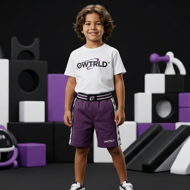 A vibrant selection of OWTRLD premium kid’s shorts, showcasing comfortable, durable fabrics and stylish, active-ready designs