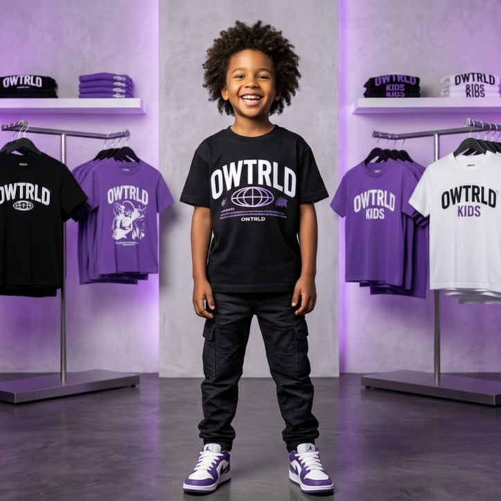 A colorful and charming display of OWTRLD premium kid’s t-shirts and shirts, featuring soft fabrics, playful designs, and high-quality photography