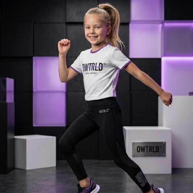 A vibrant selection of OWTRLD premium kid’s jeans, comfortable leggings, and durable trousers, featuring soft fabrics and stylish, play-ready designs