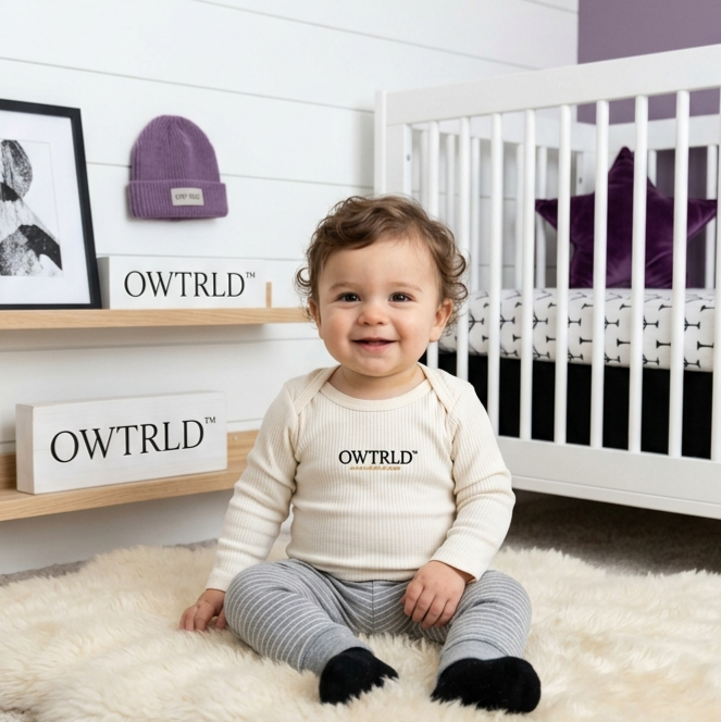 A sweet and serene display of OWTRLD premium baby suits, showcasing ultra-soft fabrics, delicate patterns, and high-quality photography for newborns and infants