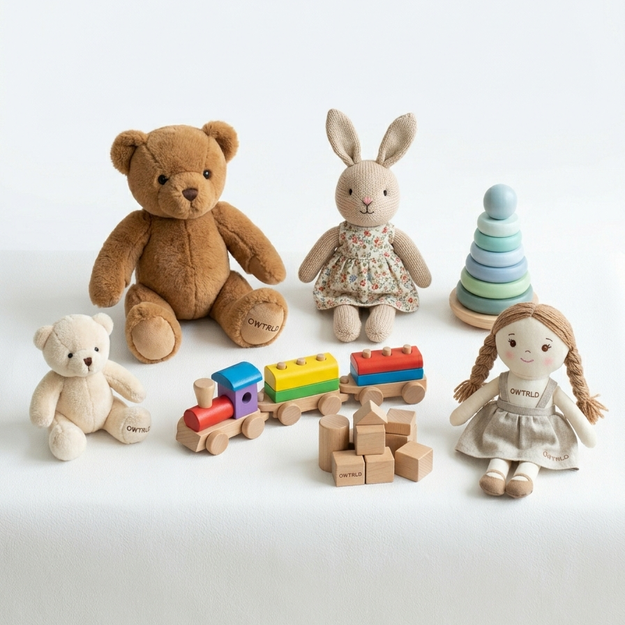 A beautifully arranged, minimalist play area featuring premium, design-forward OWTRLD building sets and creative toys on a clean wooden surface