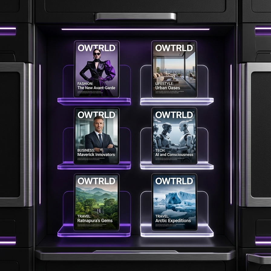 A sophisticated, editorial-style display showing a digital tablet and a physical print-ready magazine mockup featuring the bold, minimalist OWTRLD brand identity