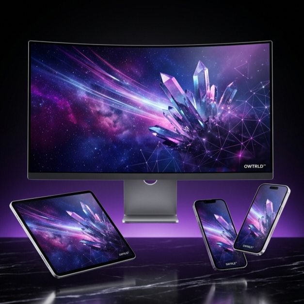 A sleek, high-definition digital display showing a mobile phone and a laptop side-by-side, both featuring a bold, minimalist OWTRLD wallpaper in black and shiny red