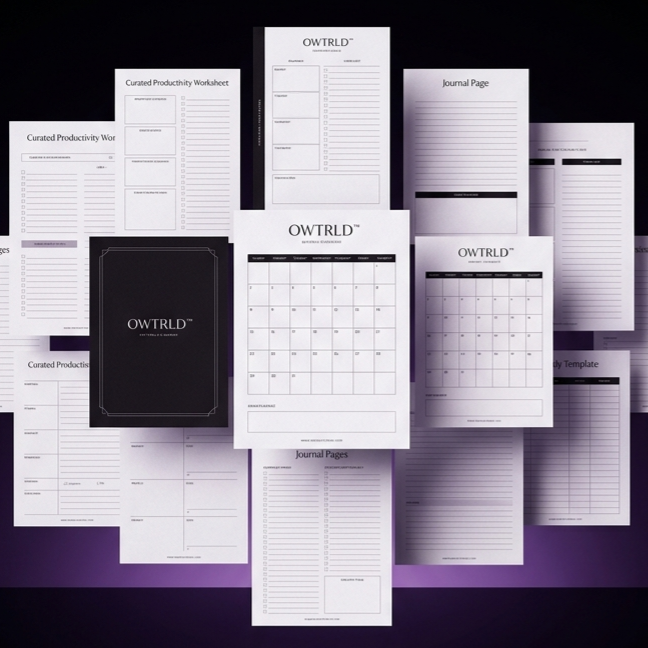 A beautifully arranged desk setup featuring a printed OWTRLD daily planner, an elegant pen, and a laptop, showcasing a clean, productive workspace
