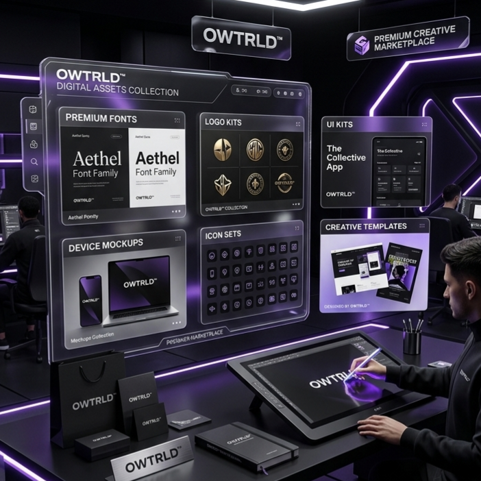 A visually compelling display of digital design tools, showing layers, vector icons, and textures on a creative software interface, branded with the OWTRLD identity