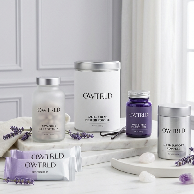 A serene and balanced display of OWTRLD health and wellness products, including supplements and lifestyle tools, set in a clean, calming, and minimalist environment