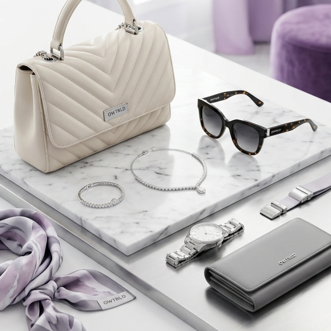 A stylish, artistic flat-lay featuring OWTRLD accessories, including a premium crossbody bag, a modern cap, and an assortment of minimalist jewelry on a textured background