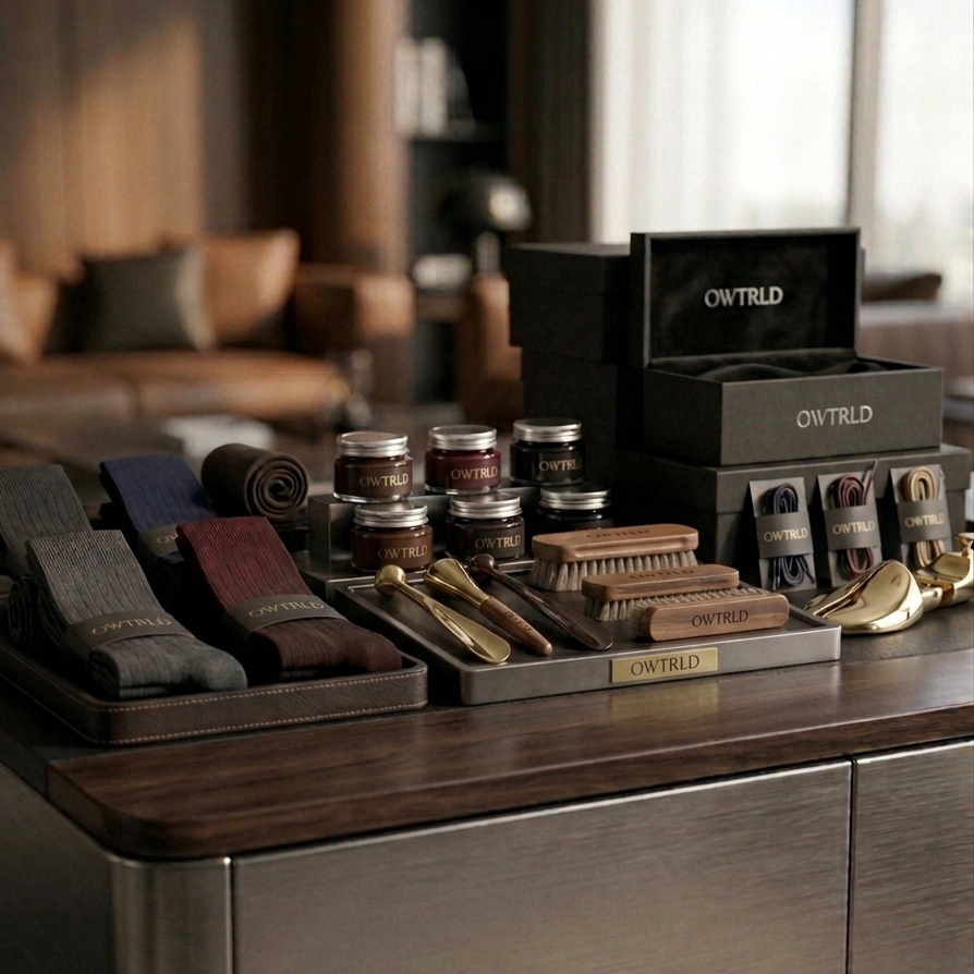 A comprehensive display of OWTRLD footwear care essentials, including premium socks, shoe polishing kits, and brushes, arranged neatly on a wooden surface