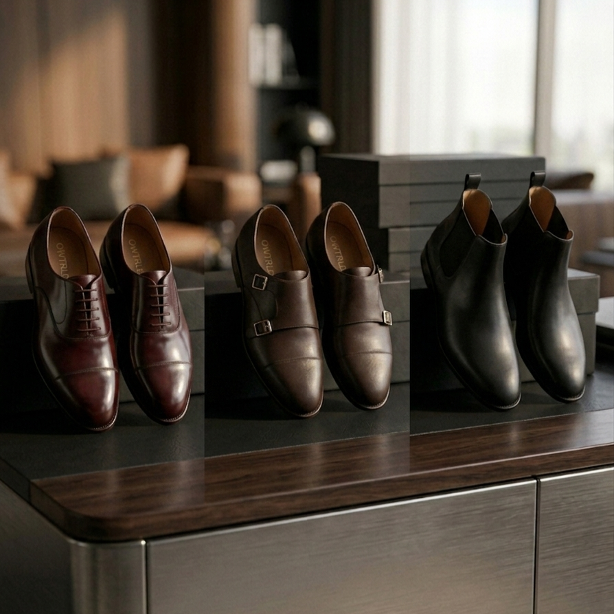 A sophisticated display of OWTRLD premium formal shoes, showcasing high-quality leather, elegant stitching, and polished finishes in a professional setting