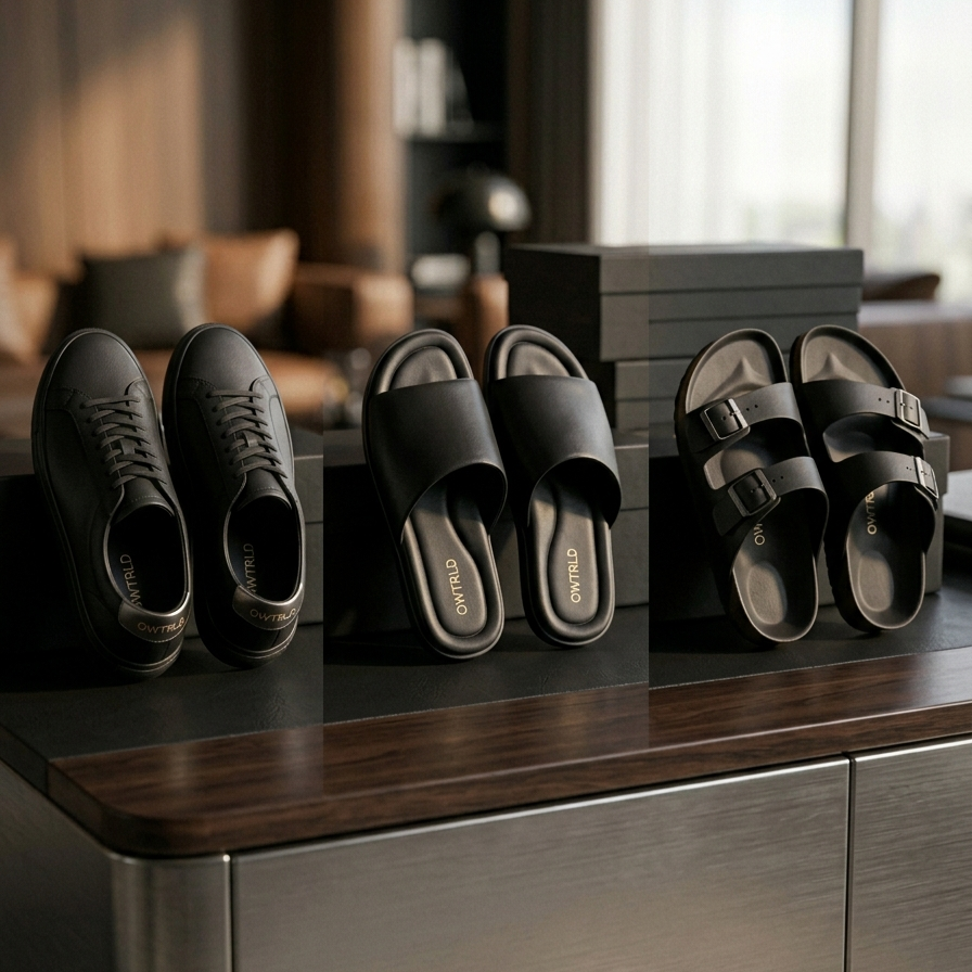 A stylish, laid-back display of OWTRLD premium casual footwear, showcasing modern sneaker designs and slip-ons in a clean, lifestyle setting