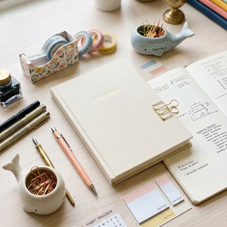A sophisticated and organized workspace featuring OWTRLD stationery, including elegant notebooks, luxury pens, and minimalist desk accessories on a clean, modern desk