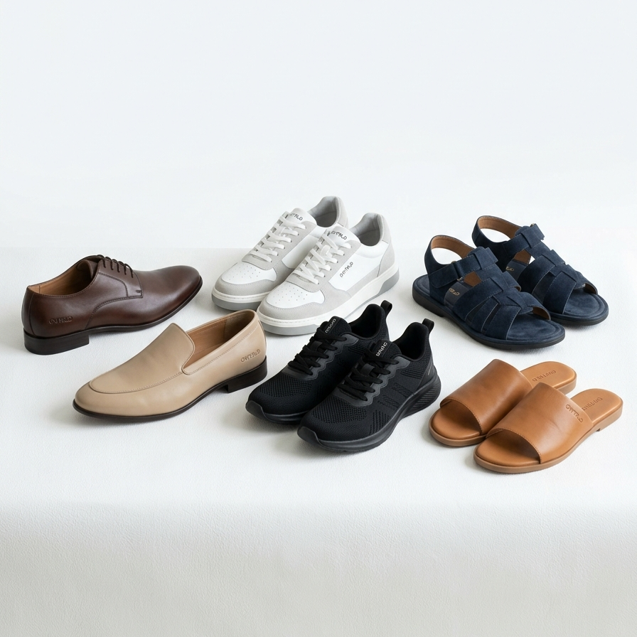 A stylish and curated display of OWTRLD premium footwear, showcasing modern designs, high-quality materials, and clean, trend-focused aesthetics