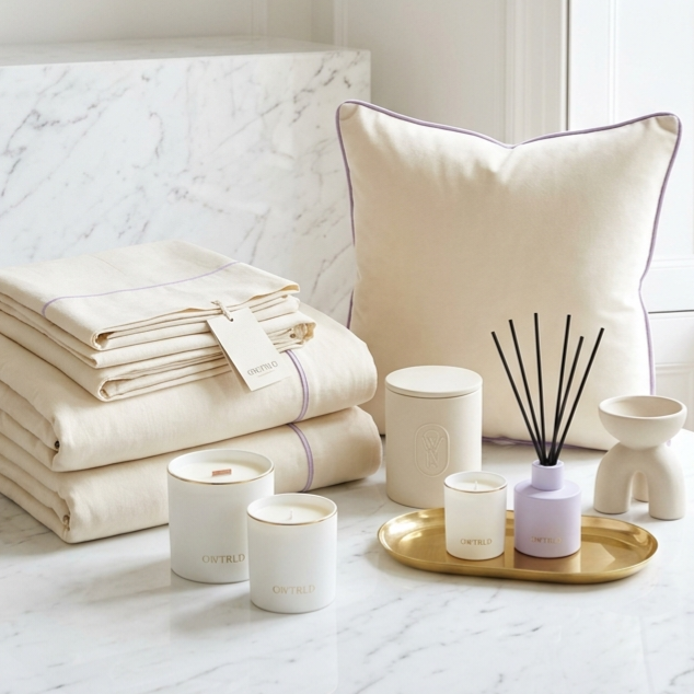 A beautifully curated, modern living space featuring minimalist OWTRLD home decor accents and functional lifestyle essentials on a clean, sunlit wooden shelf