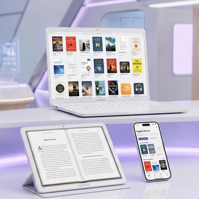 A clean, digital-interface visualization of the OWTRLD Digital Library, showing categorized folders for logos, photography, and templates on a modern, high-tech dashboard