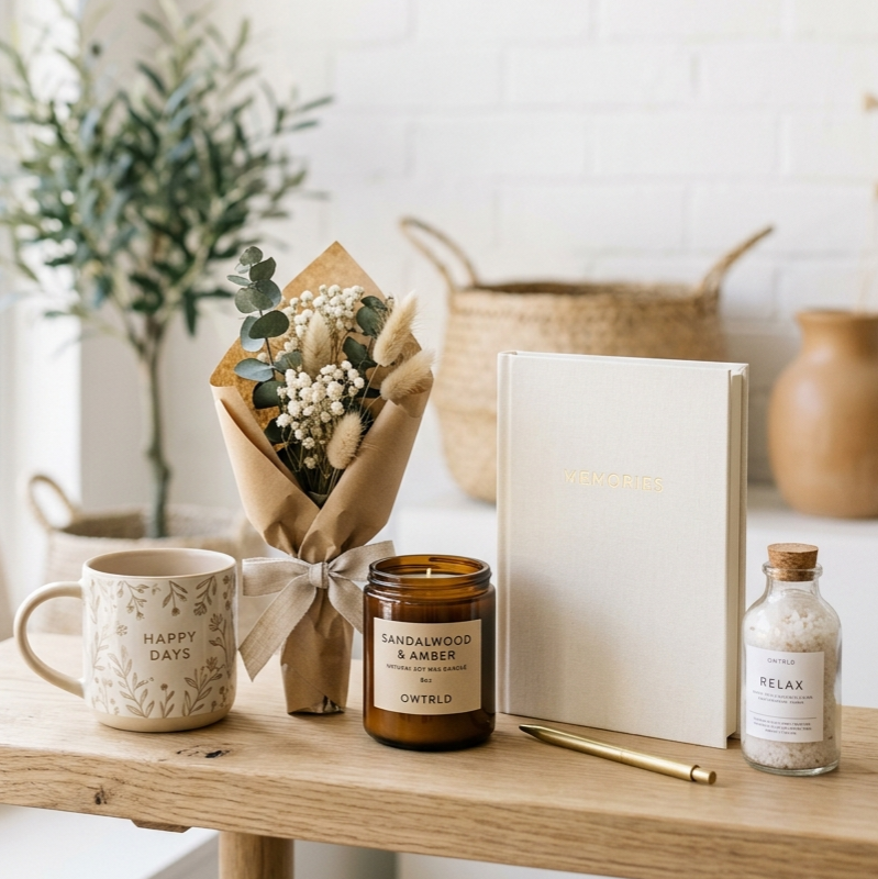 A beautifully arranged, high-end gift items featuring a minimalist OWTRLD notebook, cups, and premium artisanal treats on a dark, wooden desk